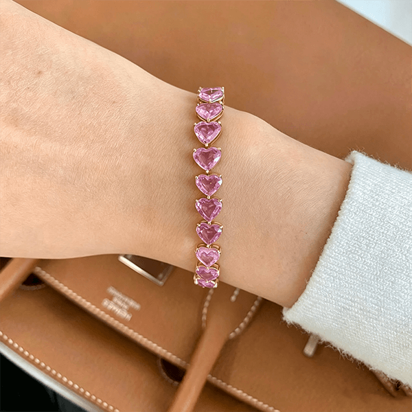 Romantic Heart Shape Yellow Gold Pink Sapphire Tennis Bracelet For Women
