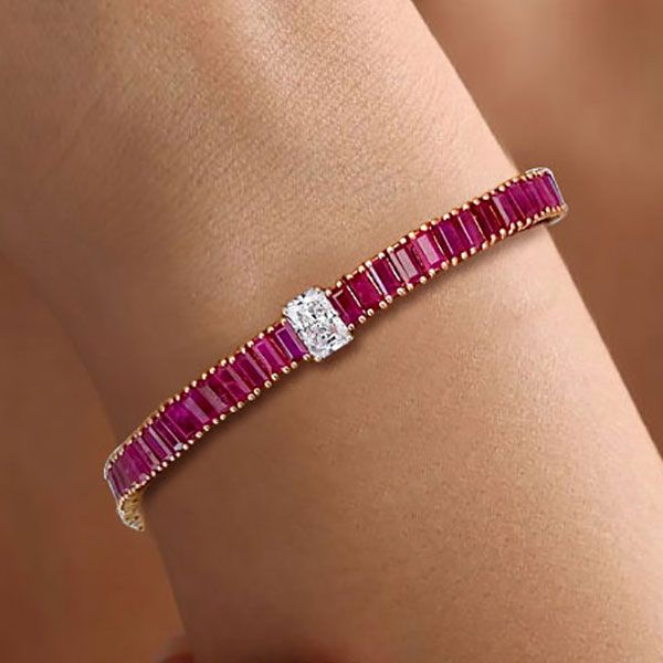 Two Tone Radiant Cut Ruby Sapphire Tennis Bracelet For Women Belovegrace