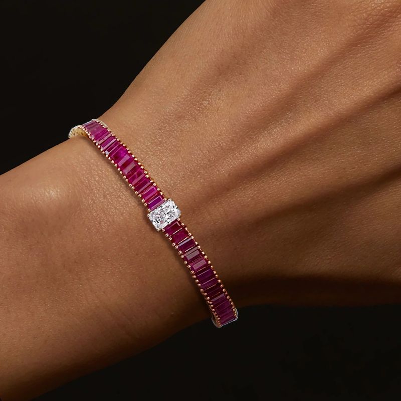 Two Tone Radiant Cut Ruby Sapphire Tennis Bracelet For Women Belovegrace