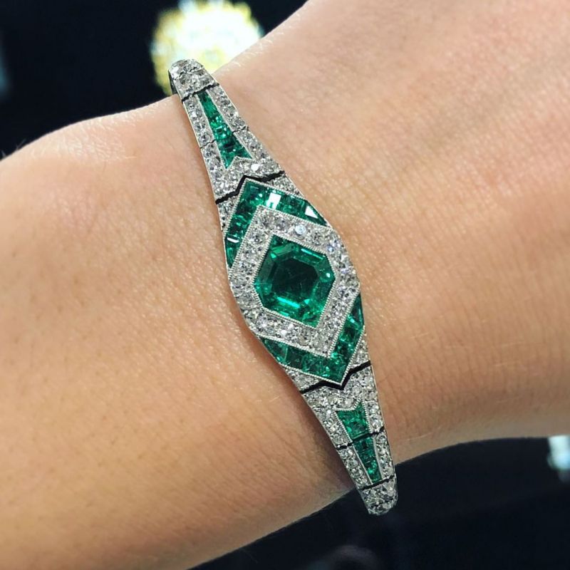 Art Deco Halo Asscher Cut Emerald Sapphire Bracelet For Women Belovegrace