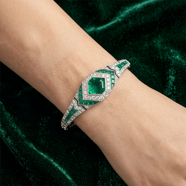 Art Deco Halo Asscher Cut Emerald & White Sapphire Bracelet For Women