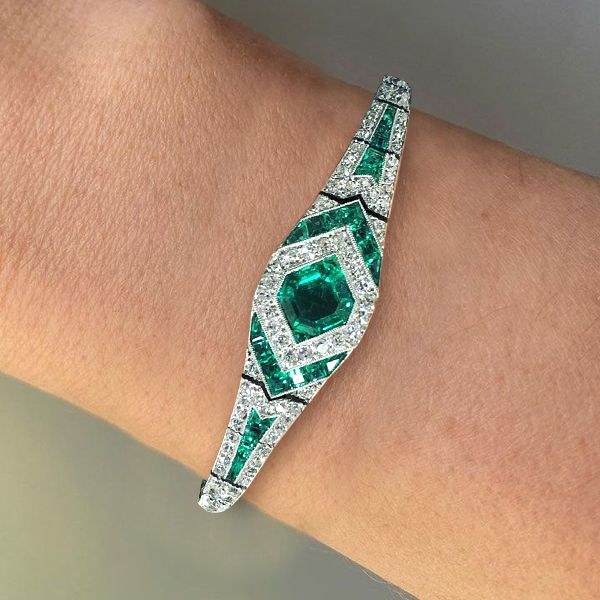 Art Deco Halo Asscher Cut Emerald Sapphire Bracelet For Women Belovegrace