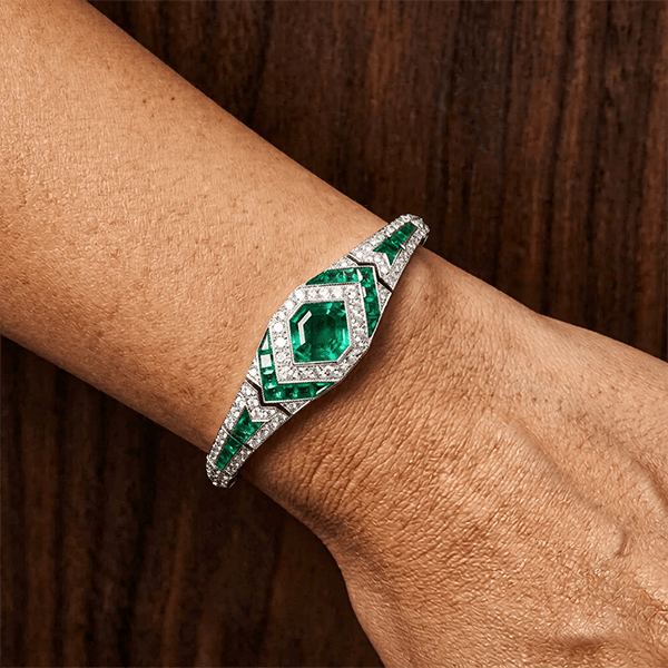 Art Deco Halo Asscher Cut Emerald & White Sapphire Bracelet For Women