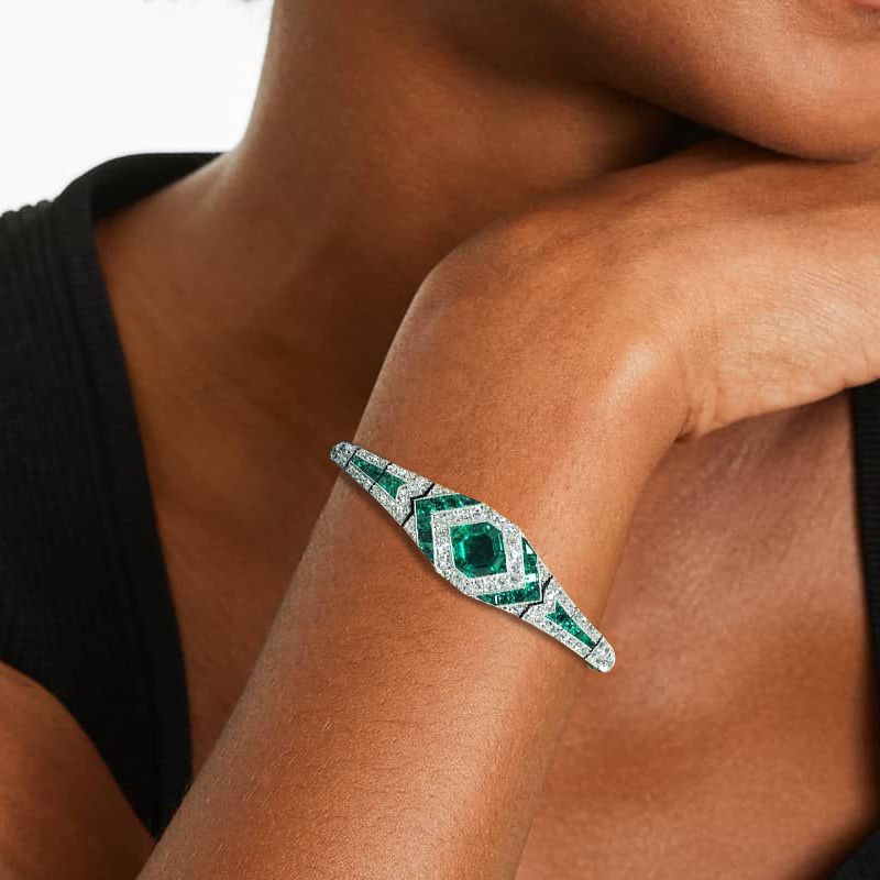 Art Deco Halo Asscher Cut Emerald Sapphire Bracelet For Women Belovegrace