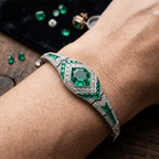 Art Deco Halo Asscher Cut Emerald & White Sapphire Bracelet For Women