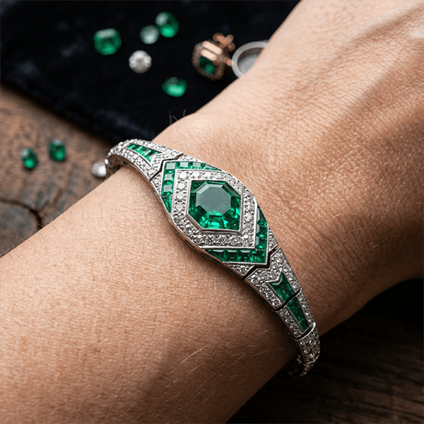 Art Deco Halo Asscher Cut Emerald & White Sapphire Bracelet For Women