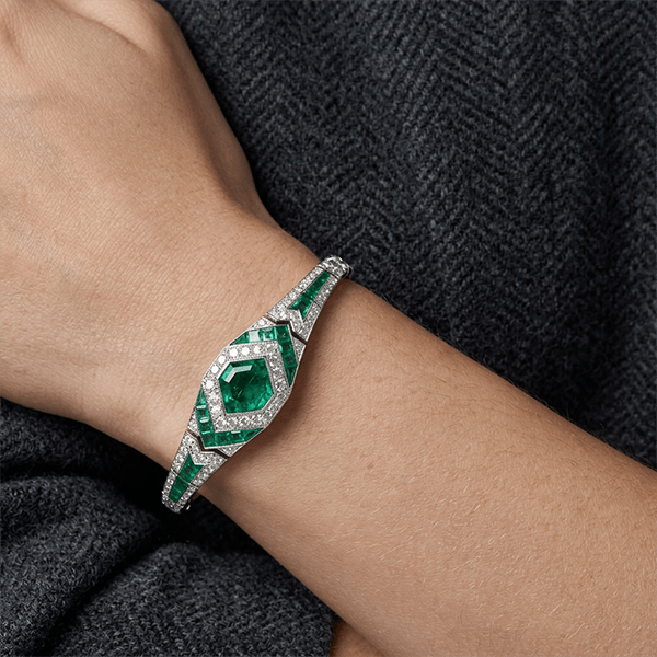 Art Deco Halo Asscher Cut Emerald & White Sapphire Bracelet For Women