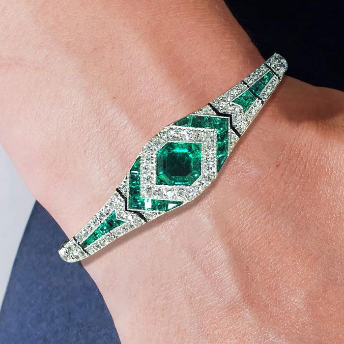 Art Deco Halo Asscher Cut Emerald Sapphire Bracelet For Women Belovegrace