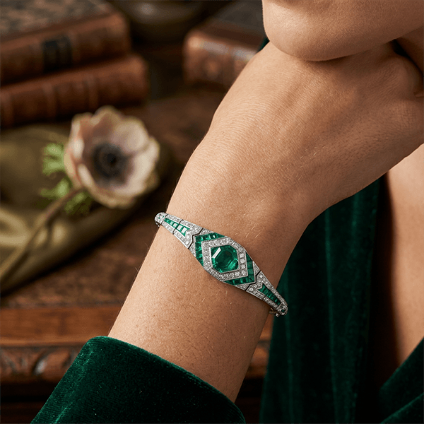 Art Deco Halo Asscher Cut Emerald & White Sapphire Bracelet For Women
