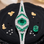 Art Deco Halo Asscher Cut Emerald & White Sapphire Bracelet For Women
