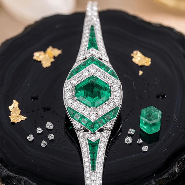 Art Deco Halo Asscher Cut Emerald & White Sapphire Bracelet For Women