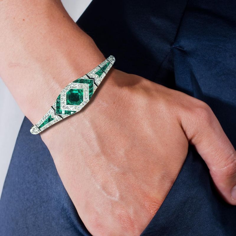 Art Deco Halo Asscher Cut Emerald Sapphire Bracelet For Women Belovegrace