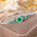Art Deco Halo Asscher Cut Emerald & White Sapphire Bracelet For Women