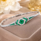 Art Deco Halo Asscher Cut Emerald & White Sapphire Bracelet For Women