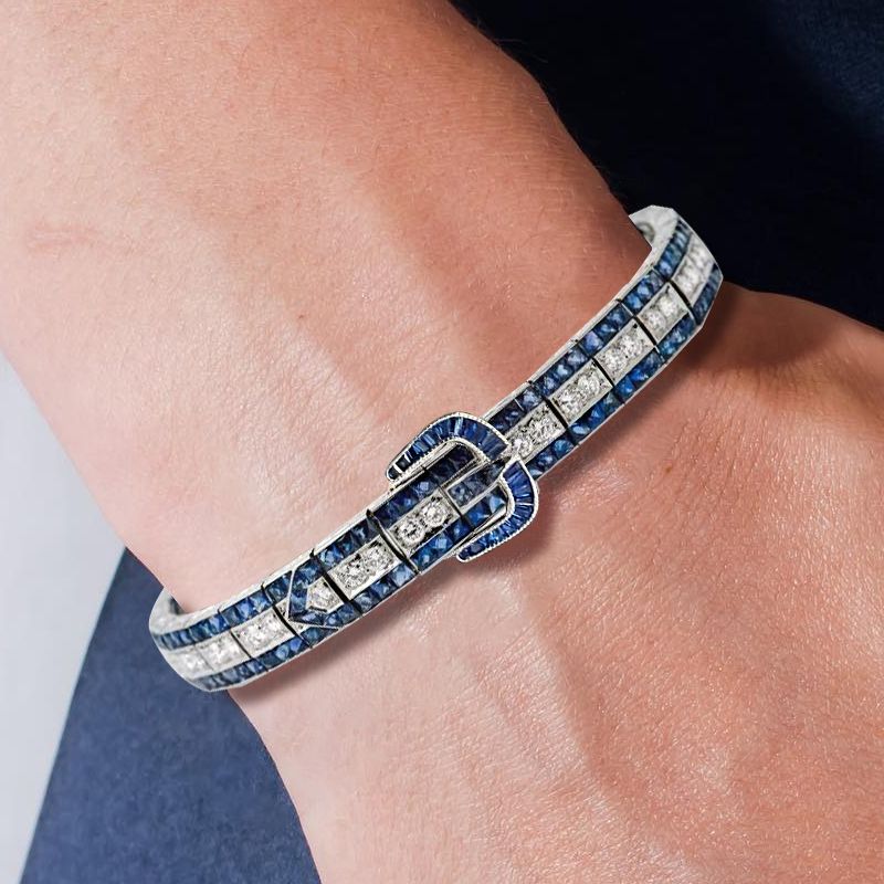 Art Deco Round Cut Blue Sapphire Bracelet For Women Belovegrace