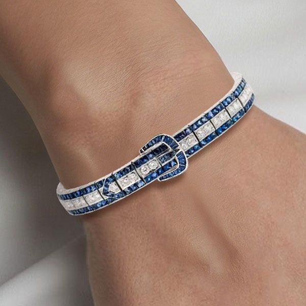 Art Deco Round Cut Blue Sapphire Bracelet For Women Belovegrace
