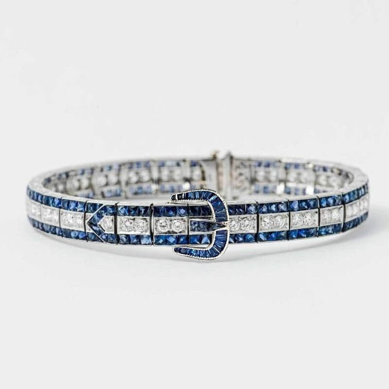 Buckle Design Art Deco Blue Sapphire Princess Cut Tennis Bracelet for Women(26.0CT)