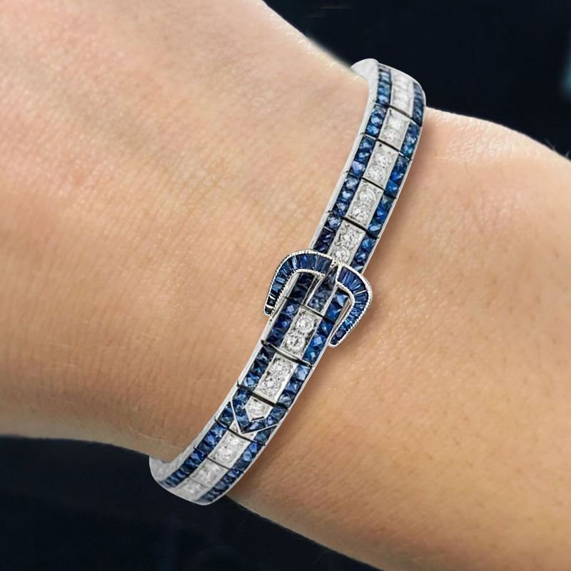 Art Deco Round Cut Blue Sapphire Bracelet For Women Belovegrace