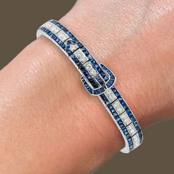 Art Deco Round Cut Blue Sapphire Bracelet For Women Belovegrace