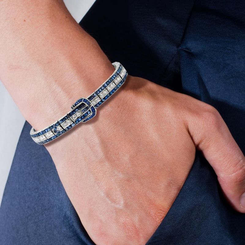 Art Deco Round Cut Blue Sapphire Bracelet For Women Belovegrace