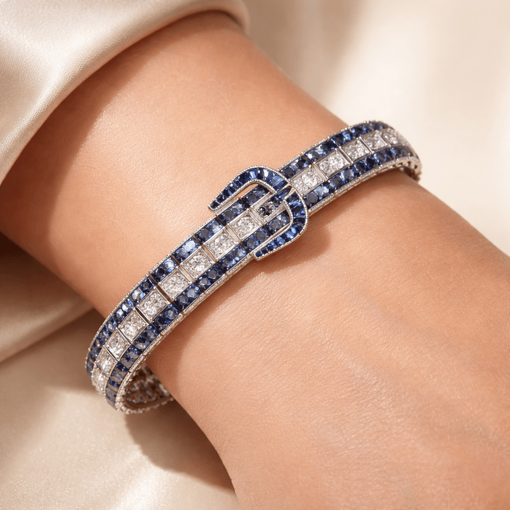 Buckle Design Art Deco Blue Sapphire Princess Cut Tennis Bracelet for Women(26.0CT)