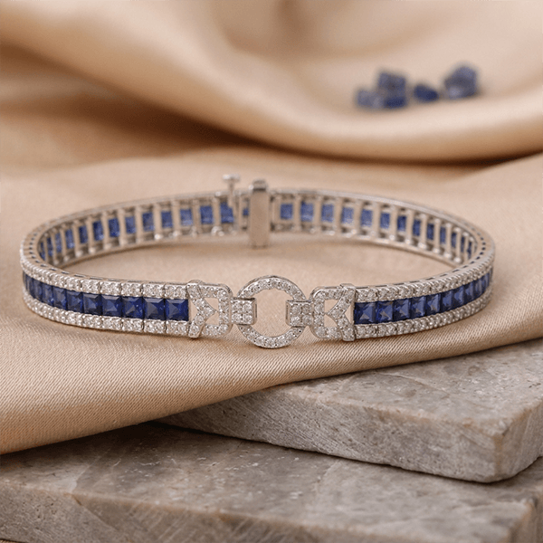 Vintage Unique Design Princess Cut White & Blue Sapphire Bracelet For Women