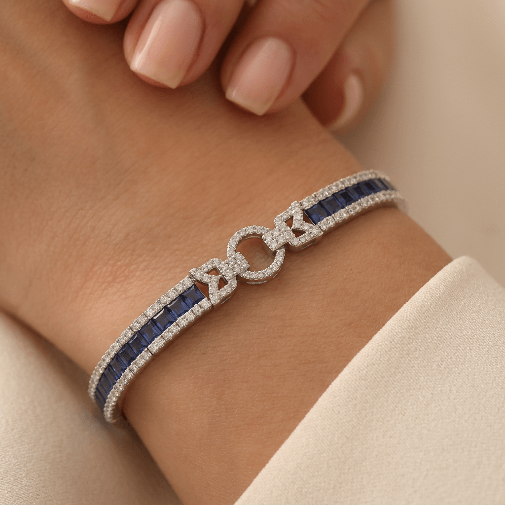 Vintage Unique Design Princess Cut White & Blue Sapphire Bracelet For Women