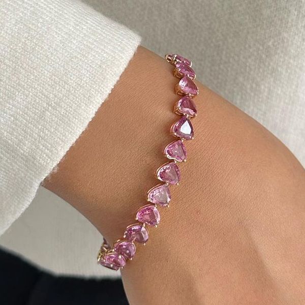 Golden Pink Sapphire Heart Cut Tennis Bracelet For Women Belovegrace