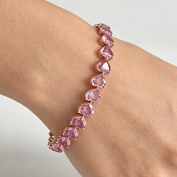 Romantic Heart Shape Yellow Gold Pink Sapphire Tennis Bracelet For Women