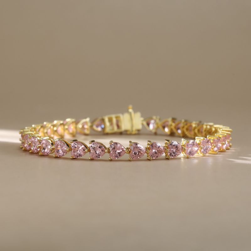 Golden Pink Sapphire Heart Cut Tennis Bracelet For Women Belovegrace