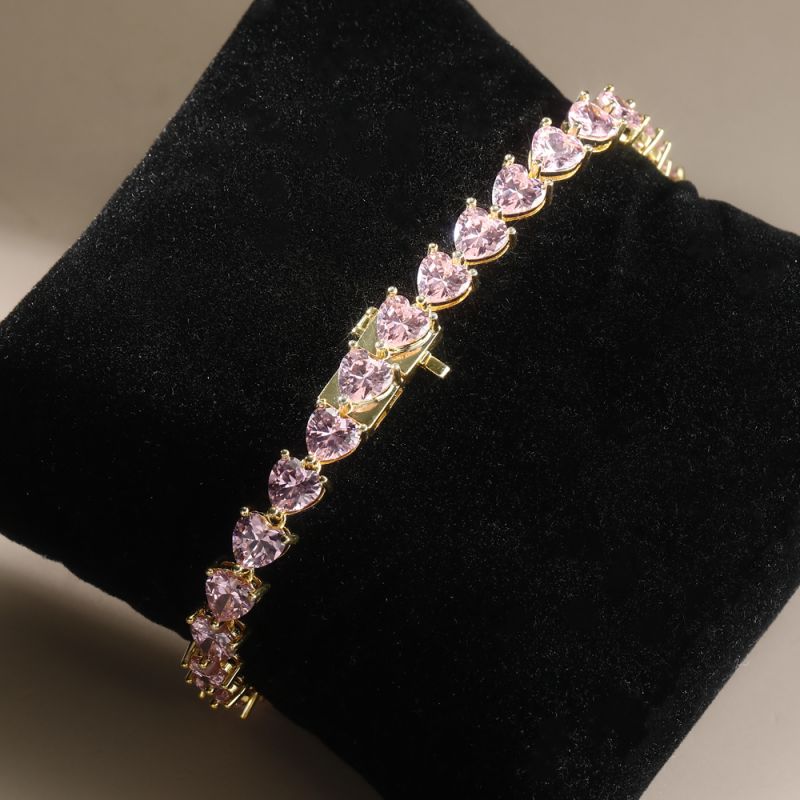 Golden Pink Sapphire Heart Cut Tennis Bracelet For Women Belovegrace