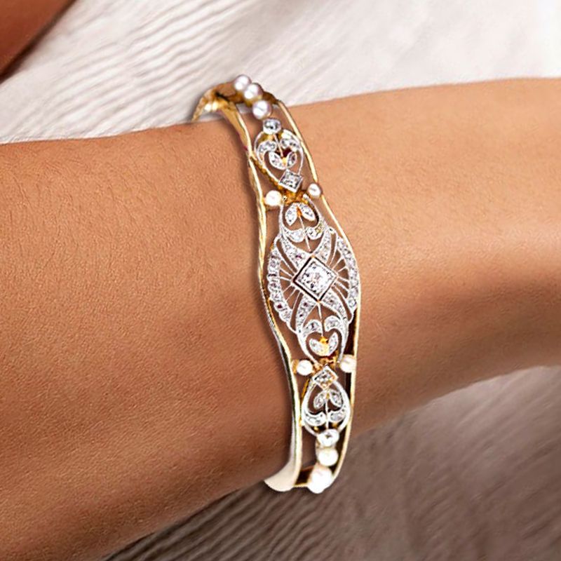 Art Deco Two Tone White Sapphire & Pearl Round Cut Bangle Bracelet For Women Belovegrace