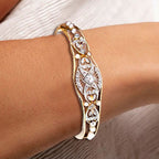 Art Deco Two Tone White Sapphire & Pearl Round Cut Bangle Bracelet For Women Belovegrace