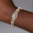 Art Deco Two Tone White Sapphire & Pearl Round Cut Bangle Bracelet For Women Belovegrace