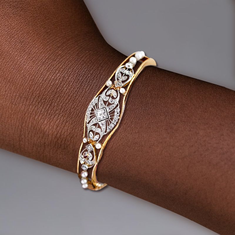 Art Deco Two Tone White Sapphire & Pearl Round Cut Bangle Bracelet For Women Belovegrace