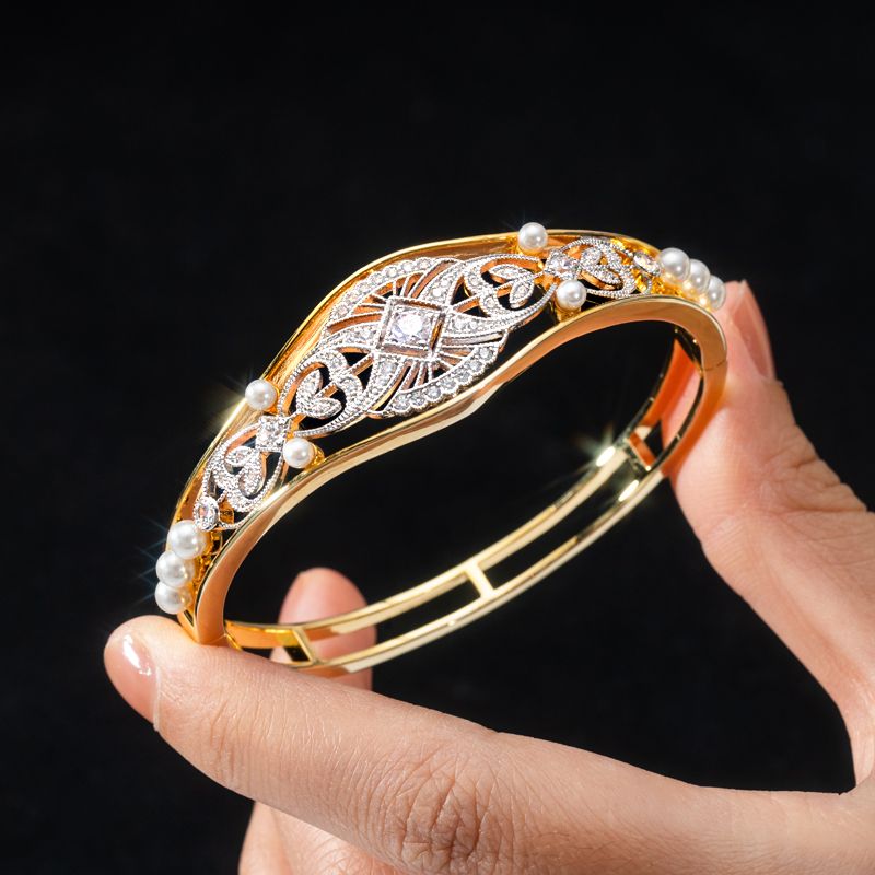 Art Deco Two Tone White Sapphire & Pearl Round Cut Bangle Bracelet For Women Belovegrace