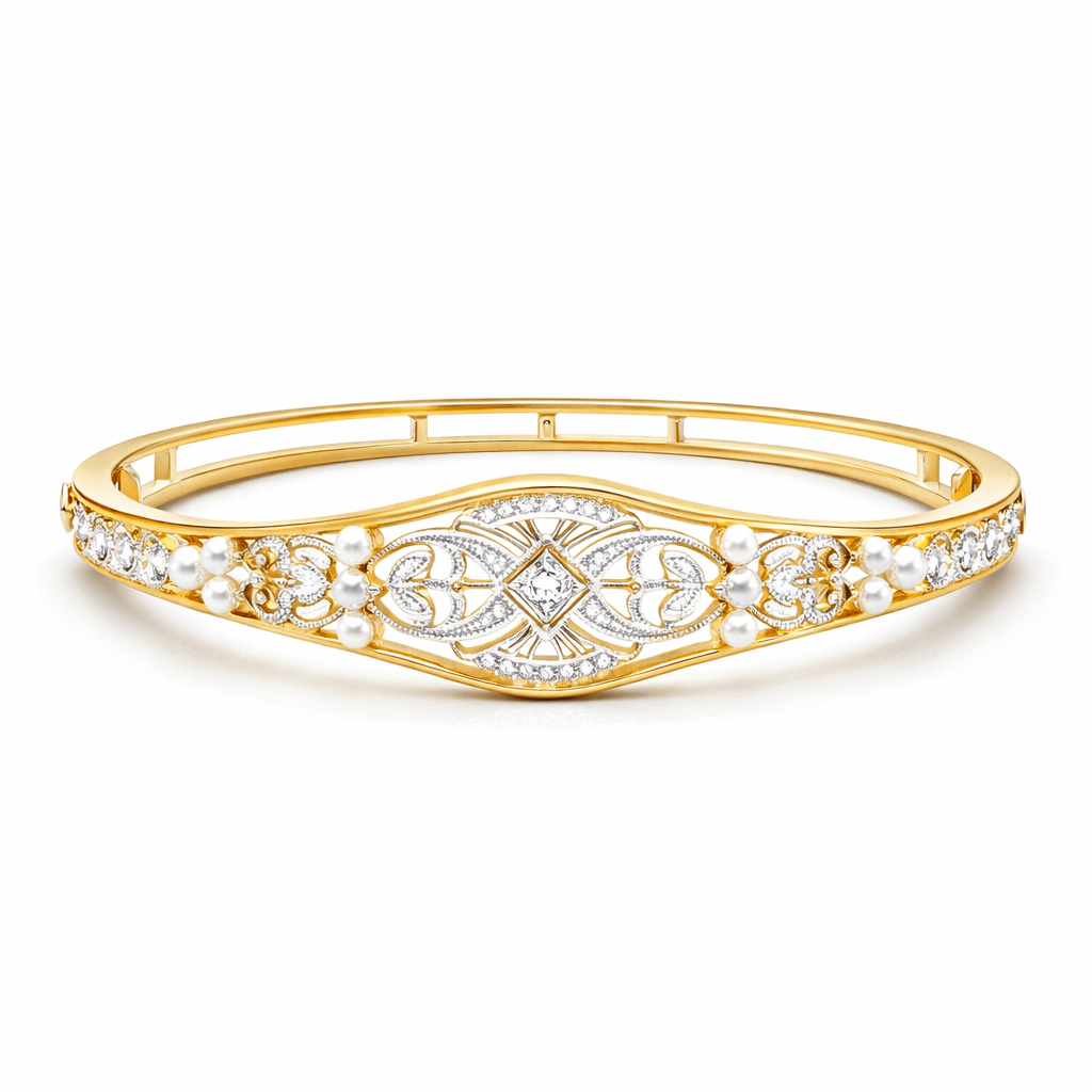 Art Deco Two Tone White Sapphire & Pearl Round Cut Bangle Bracelet For Women