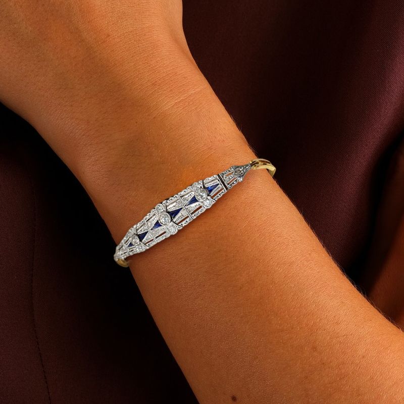Vintage Milgrain Two Tone Round Cut Blue & White Sapphire Tennis Bracelet For Women Belovegrace