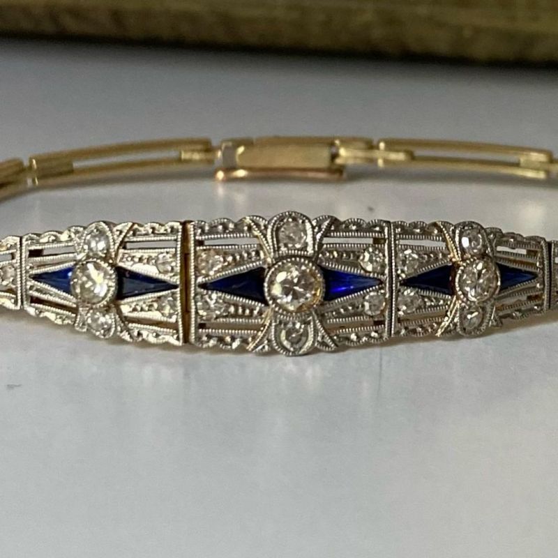 Vintage Milgrain Two Tone Round Cut Blue & White Sapphire Tennis Bracelet For Women Belovegrace