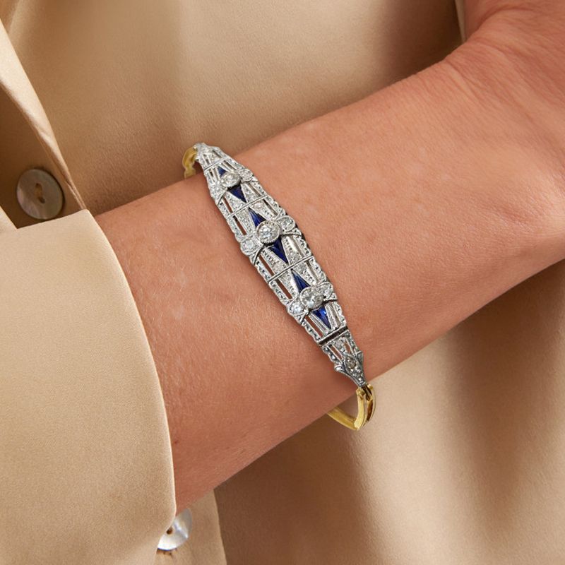 Vintage Milgrain Two Tone Round Cut Blue & White Sapphire Tennis Bracelet For Women Belovegrace