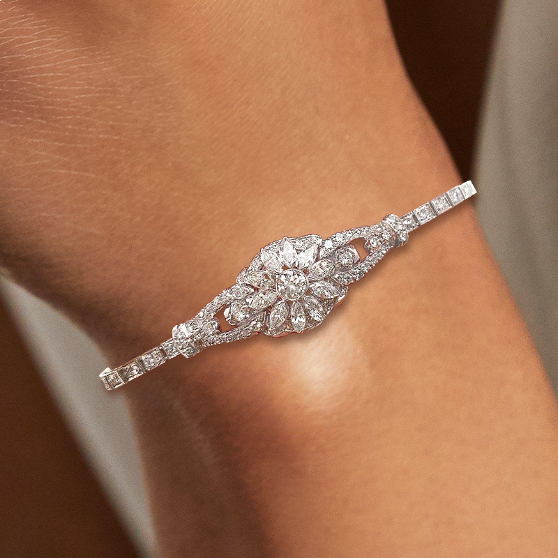 Art Deco White Sapphire Round & Marquise Cut Tennis Bracelet For Women Belovegrace