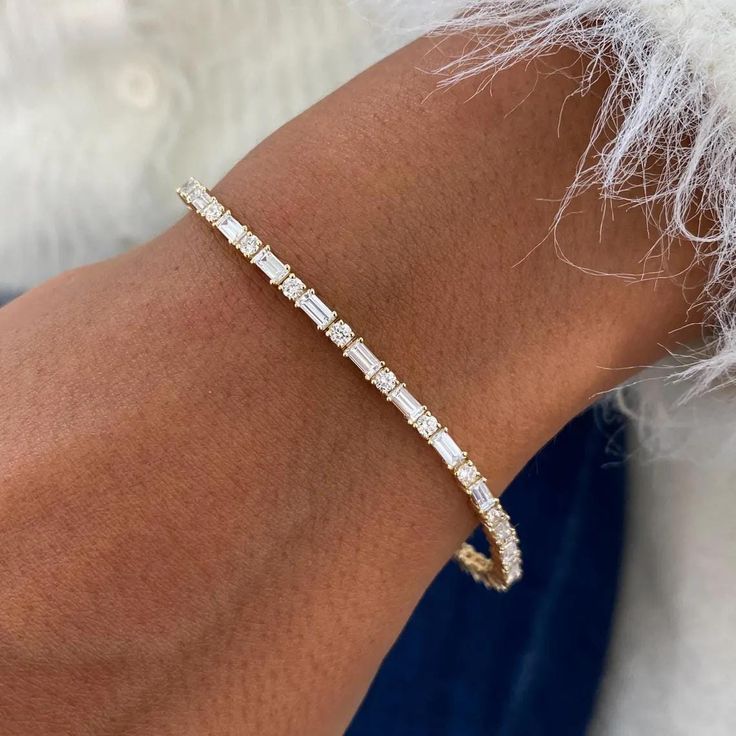 Golden Round & Baguette Cut White Sapphire Tennis Bracelet For Women Belovegrace