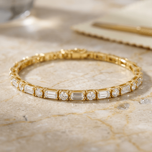 Golden Round & Baguette Cut White Sapphire Tennis Bracelet For Women