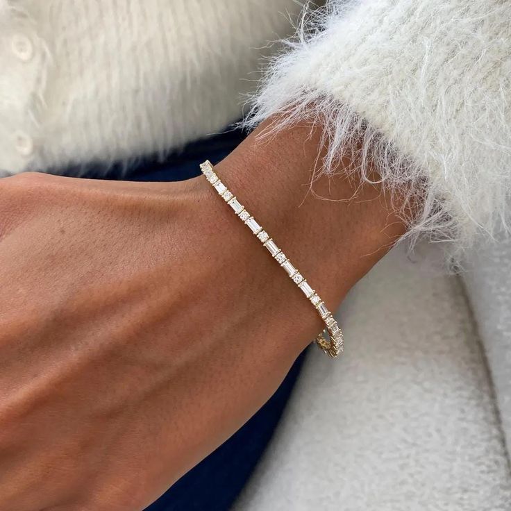Golden Round & Baguette Cut White Sapphire Tennis Bracelet For Women Belovegrace