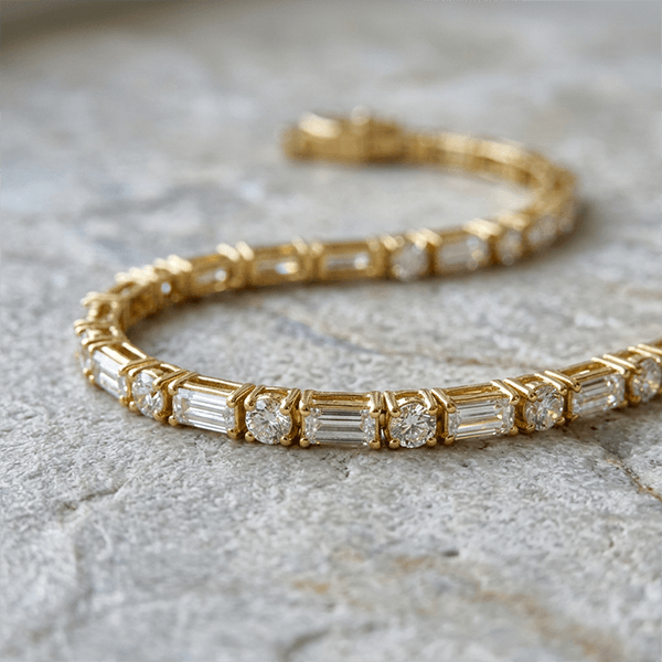 Golden Round & Baguette Cut White Sapphire Tennis Bracelet For Women