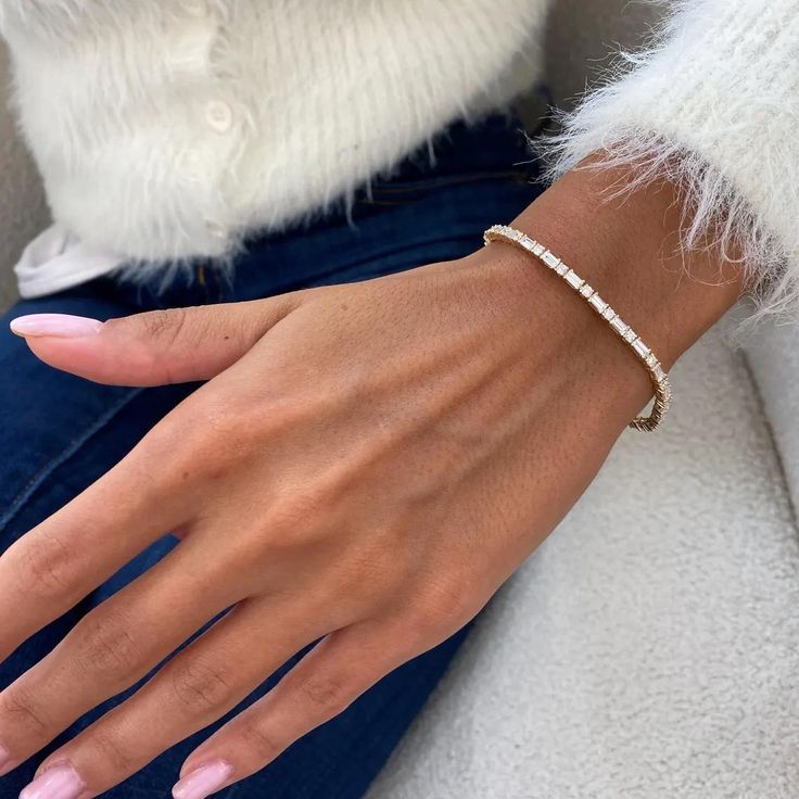 Golden Round & Baguette Cut White Sapphire Tennis Bracelet For Women Belovegrace