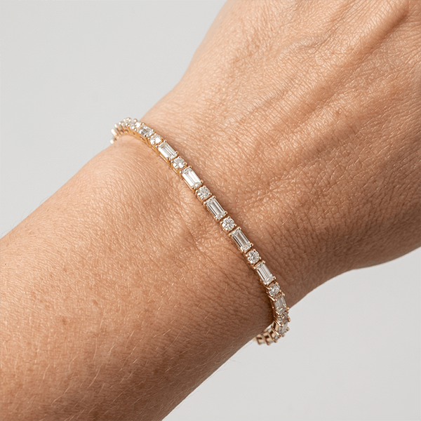 Golden Round & Baguette Cut White Sapphire Tennis Bracelet For Women