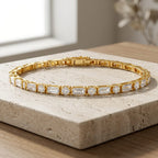 Golden Round & Baguette Cut White Sapphire Tennis Bracelet For Women
