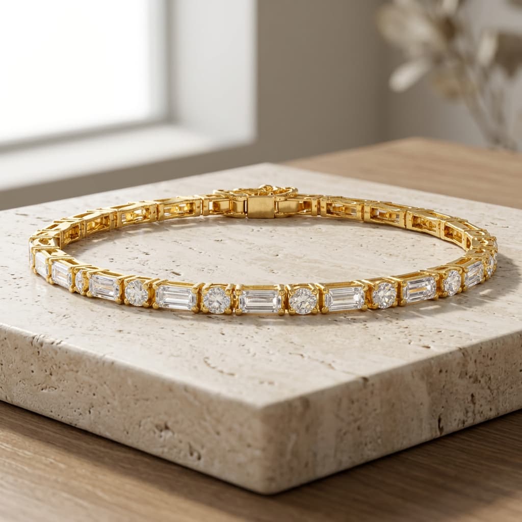 Golden Round & Baguette Cut White Sapphire Tennis Bracelet For Women
