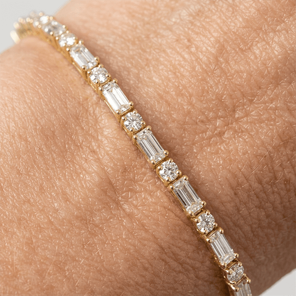 Golden Round & Baguette Cut White Sapphire Tennis Bracelet For Women